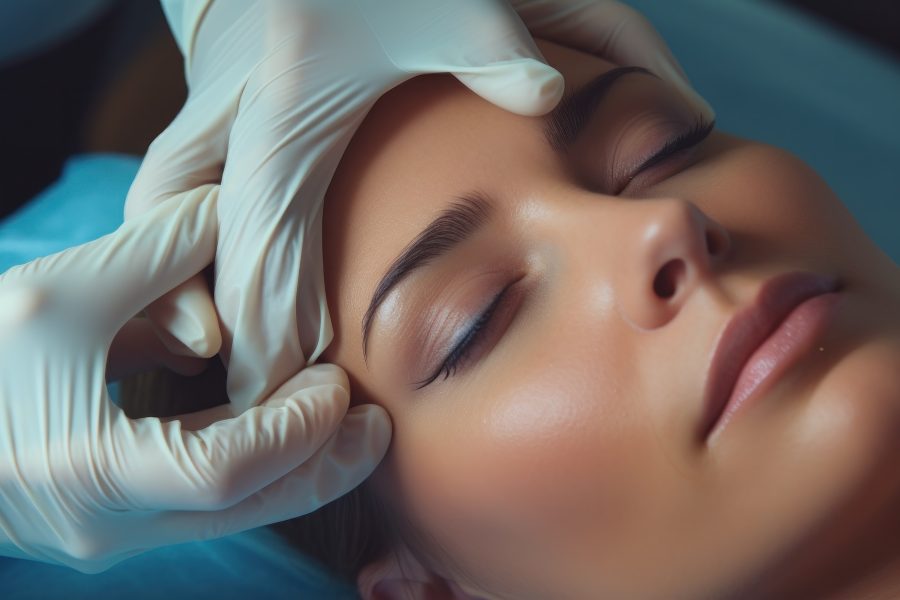 plastic surgery, beauty, Surgeon or beautician touching woman face, surgical procedure that involve altering shape of nose, doctor examines patient nose before rhinoplasty, medical assistance, health